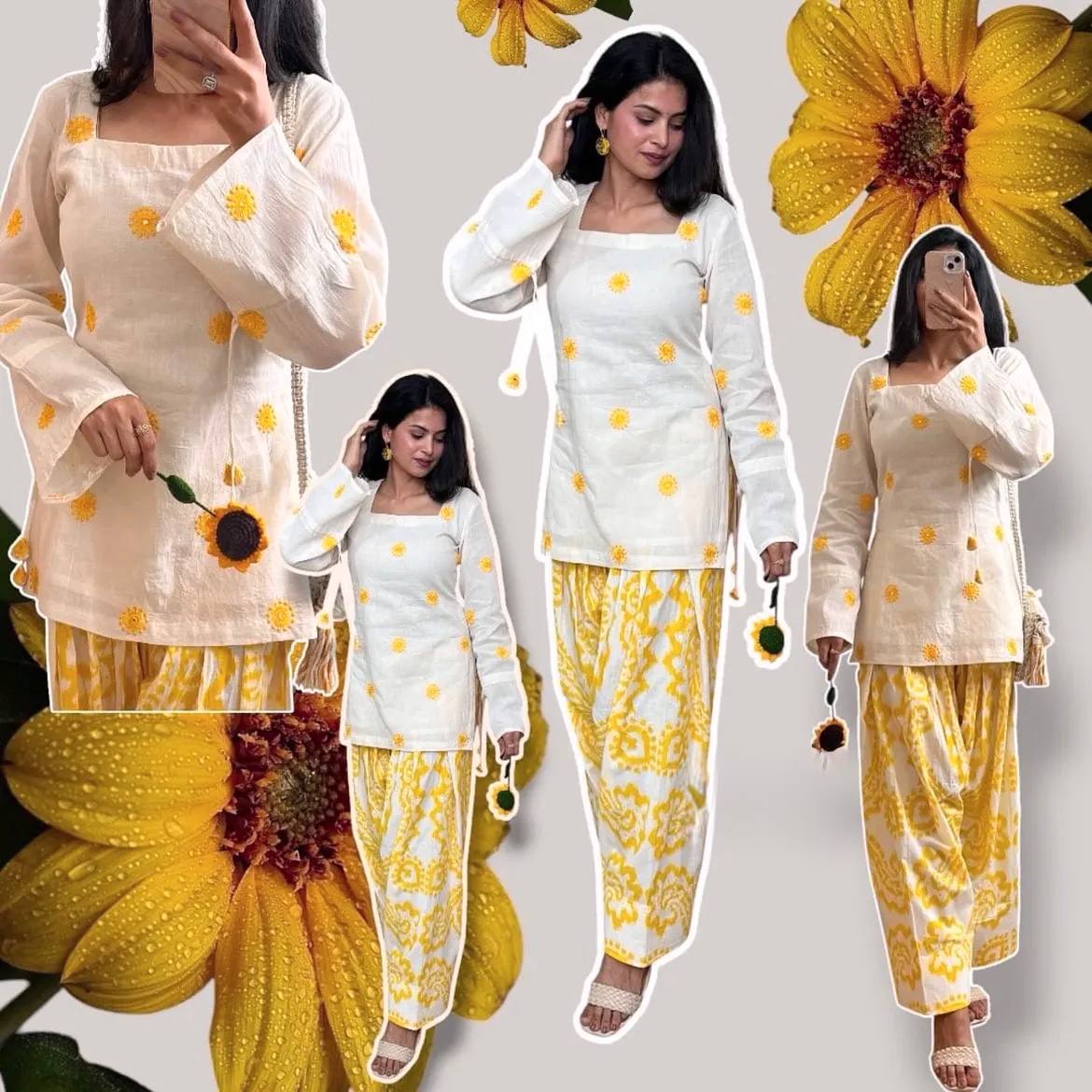 Radiant Ivory White Short Kurti Adorned with Sunshine Yellow Embroidery Paired with a Flowy Patterned Farshi Salwar